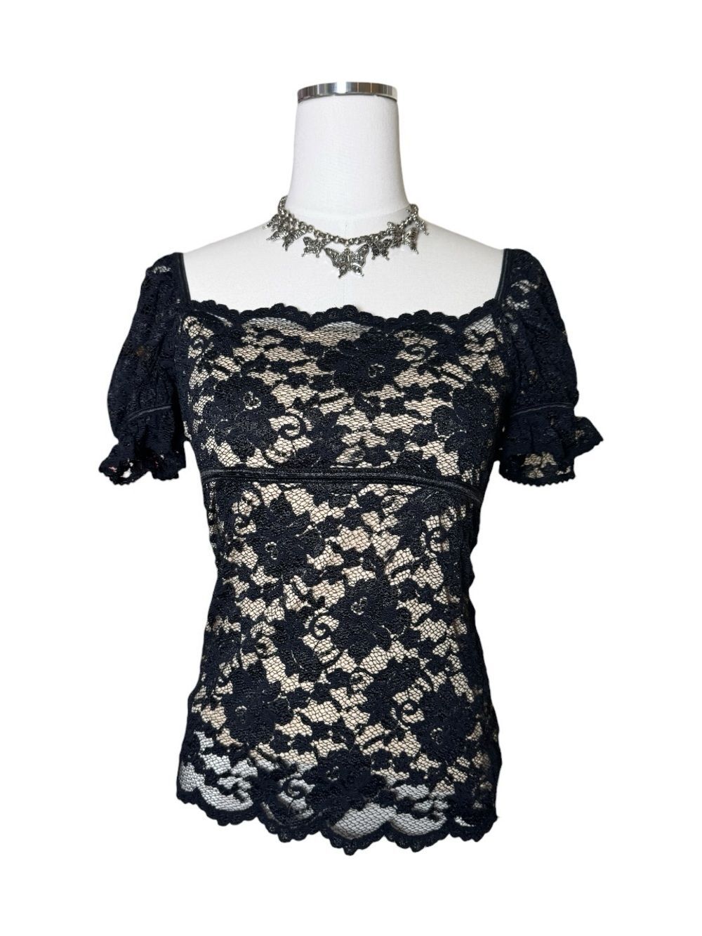 Y2K Moda International Whimsygoth Black Lace Short-Sleeve Top Size Medium